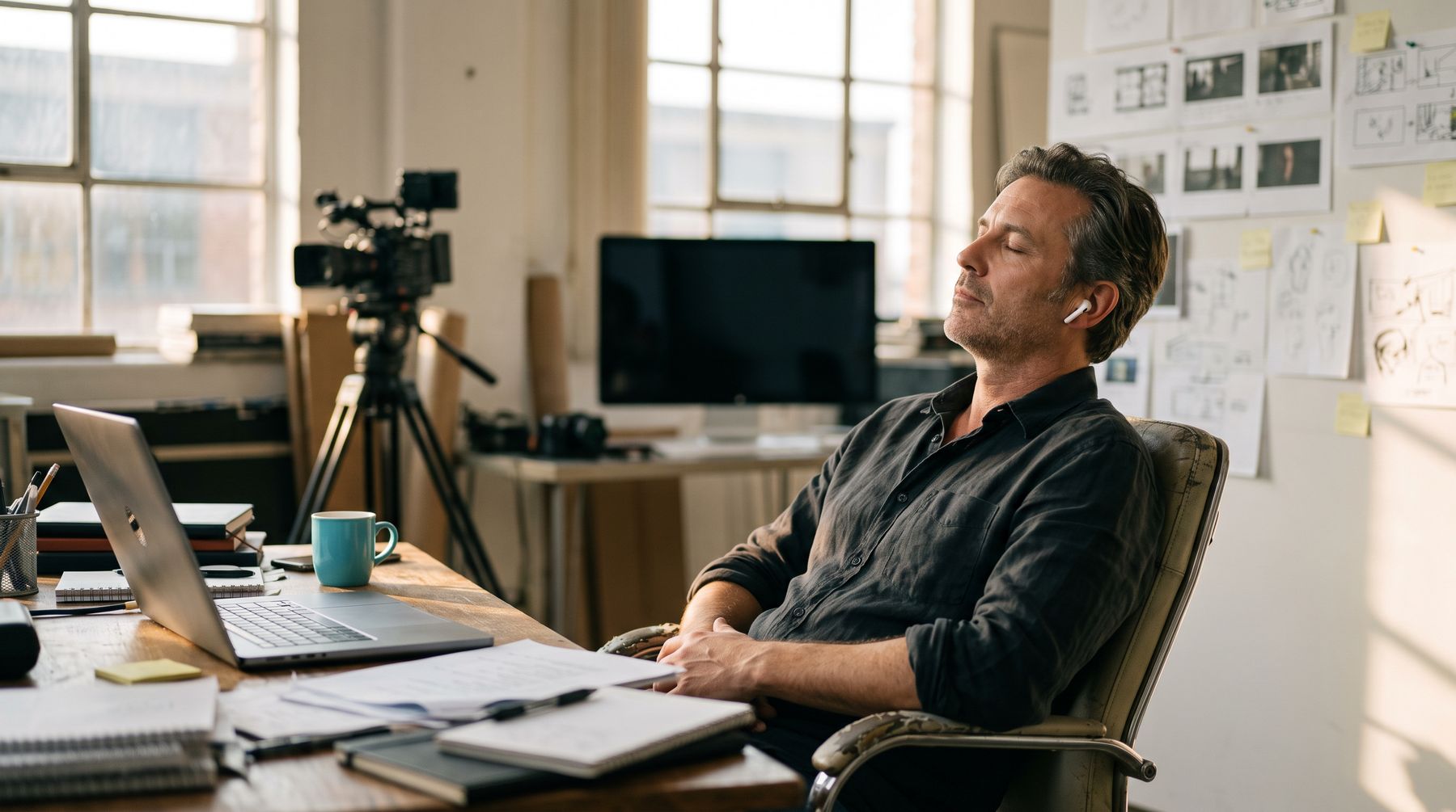 A director leaning back from his laptop with his eyes closed, listening
