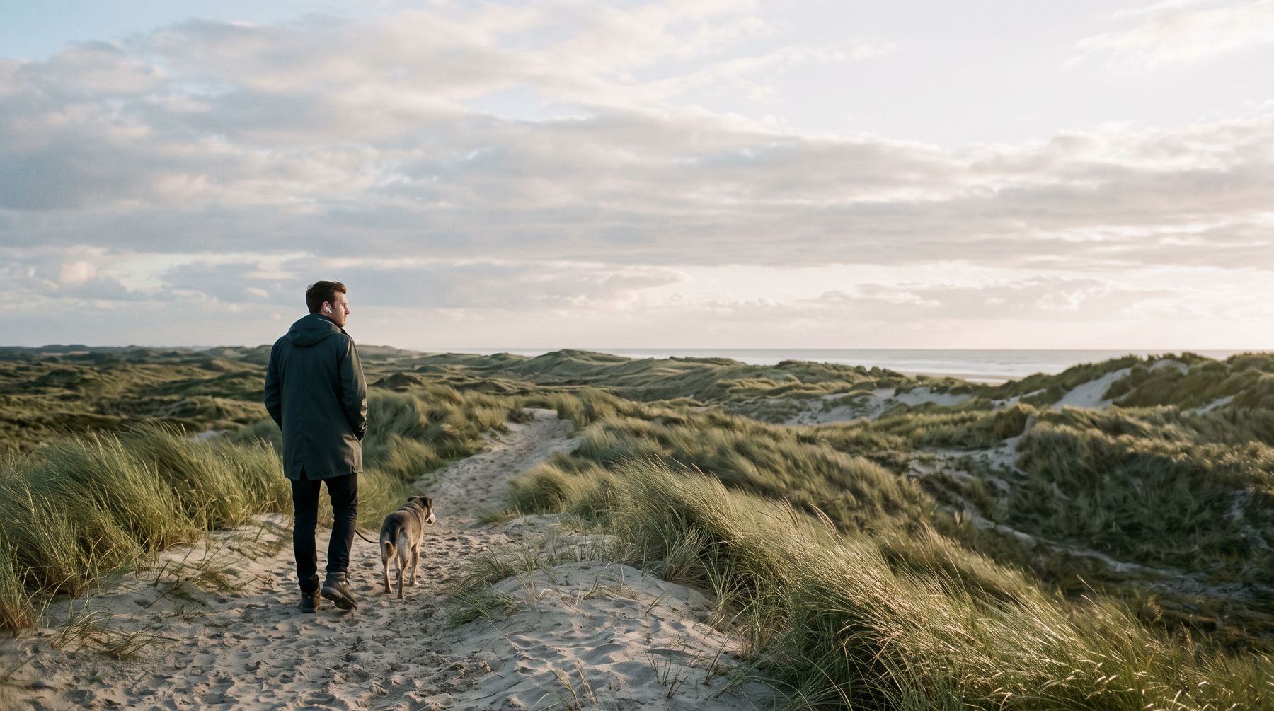 A man walking his dog through the dunes, earbuds in, phone in his pocket