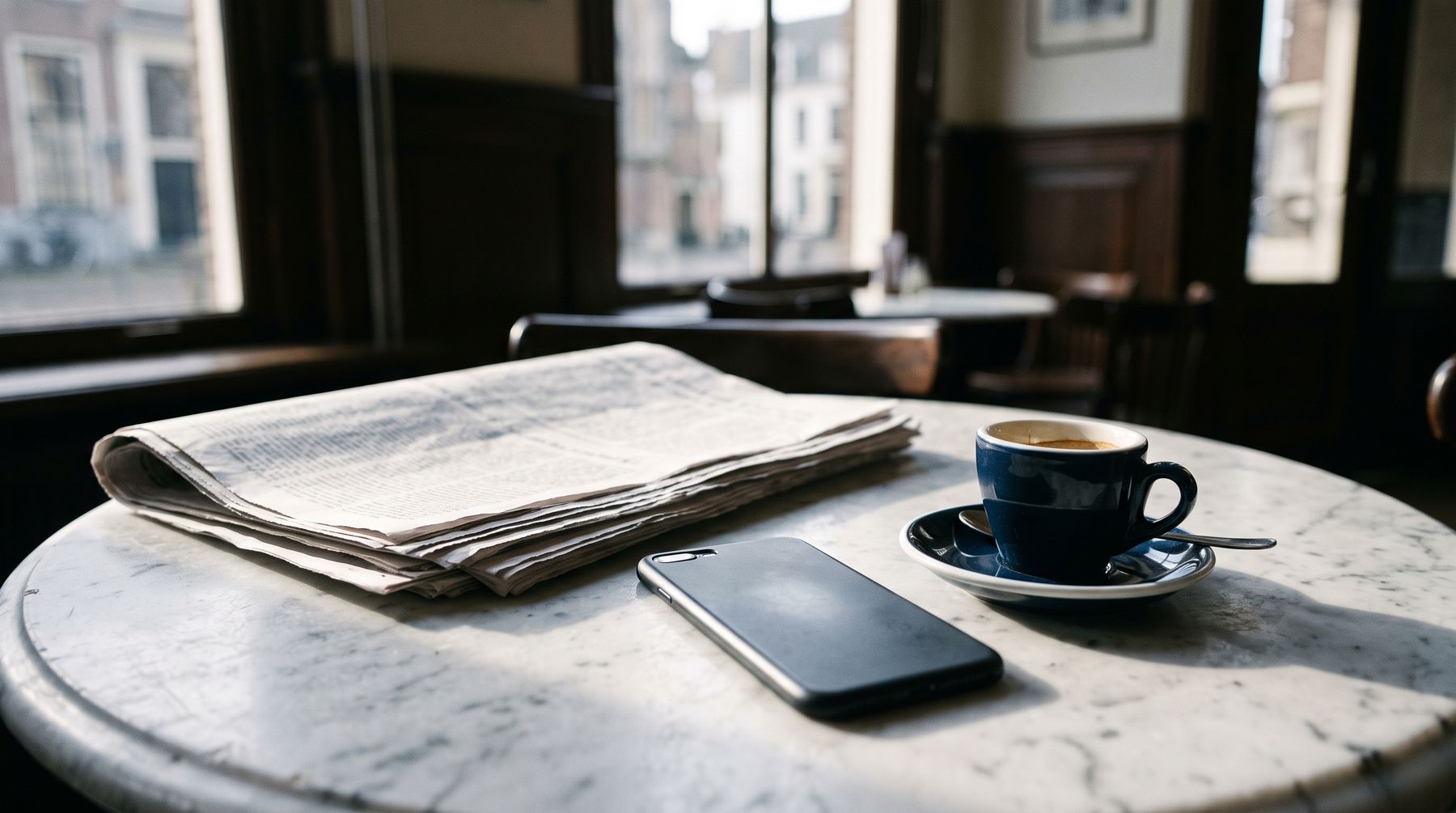 A folded newspaper and a phone on a marble cafe table