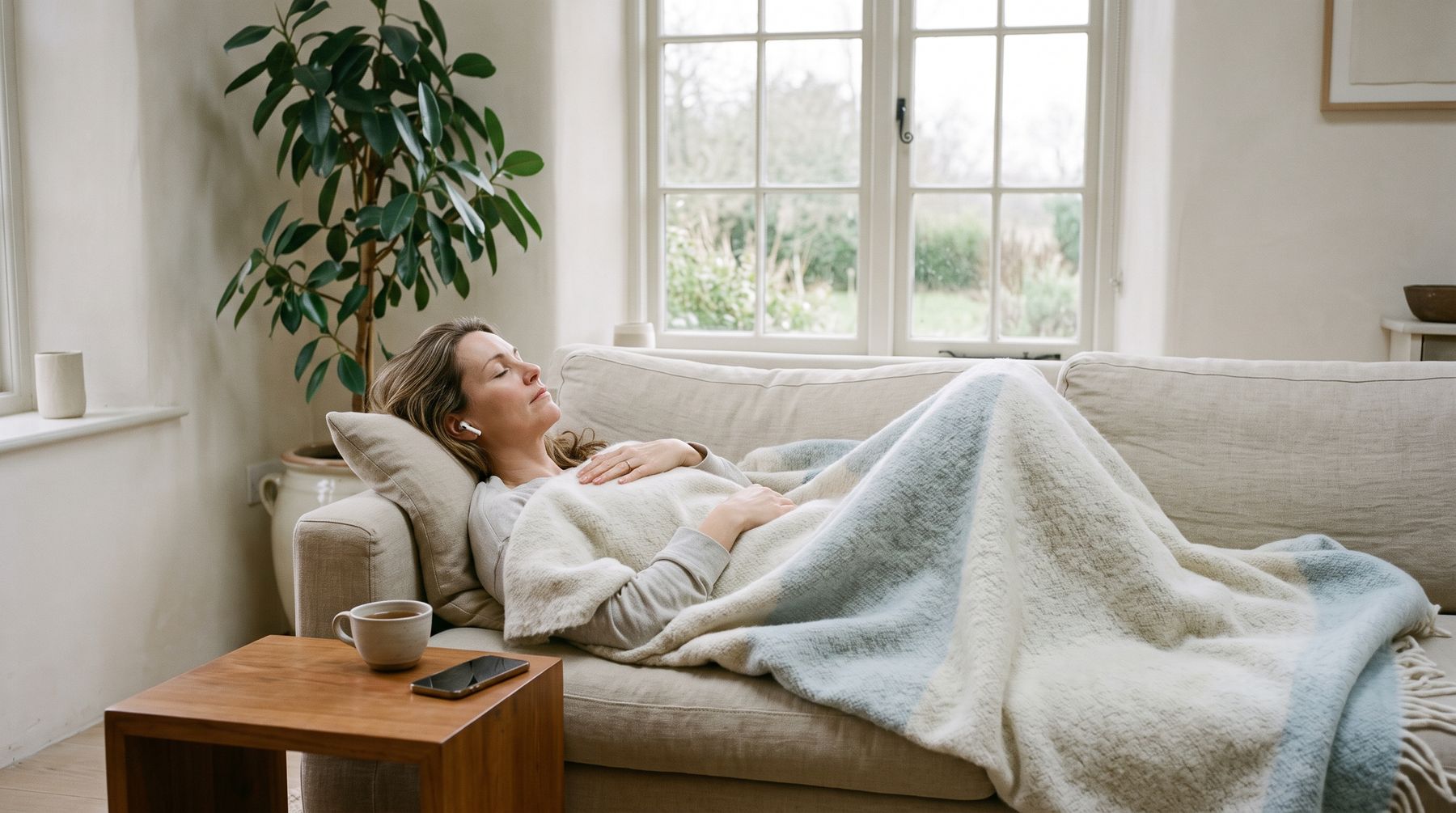 A woman resting on a sofa under a blanket, eyes closed, listening
