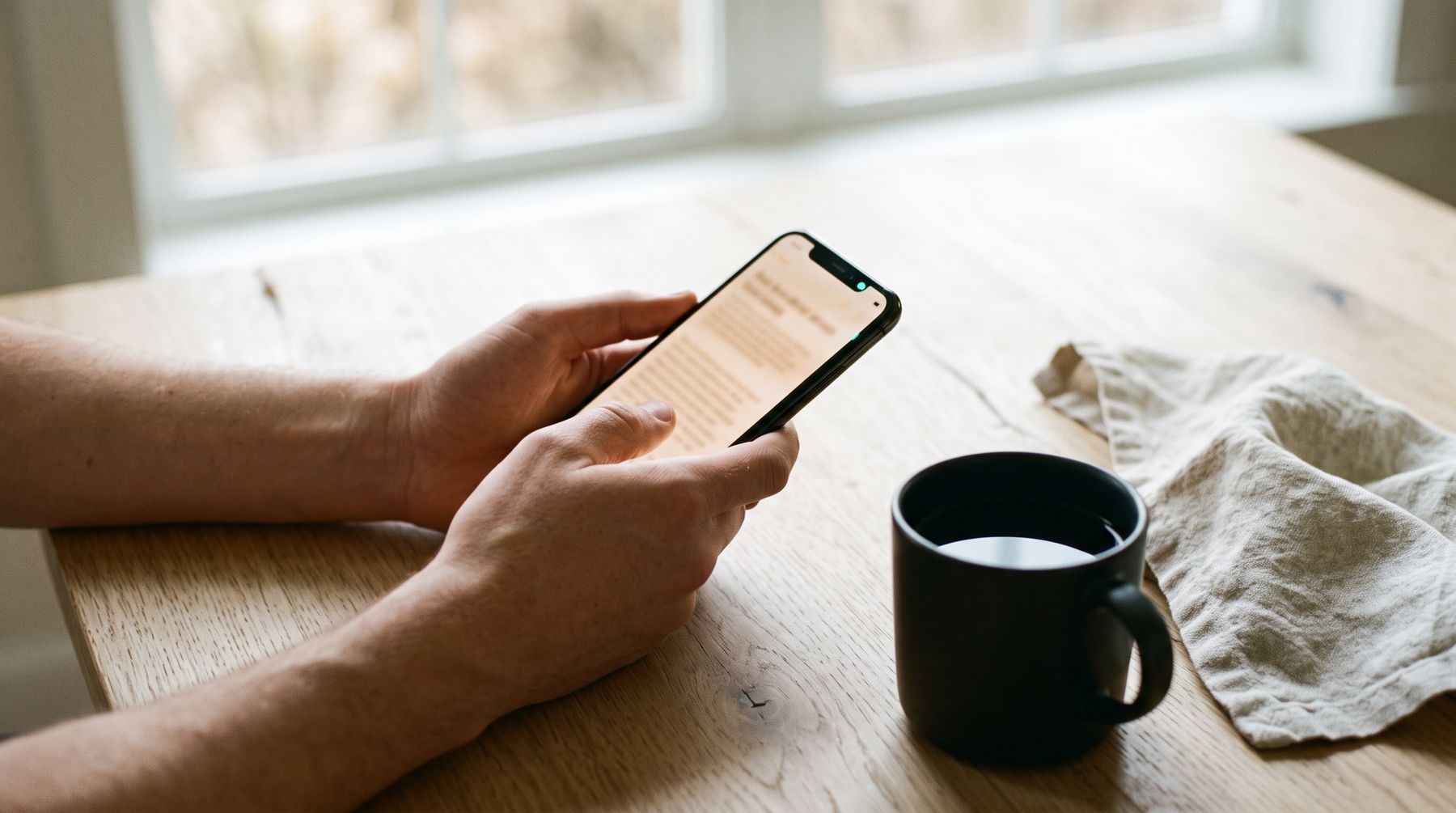 Hands holding a phone full of text above a kitchen table with coffee